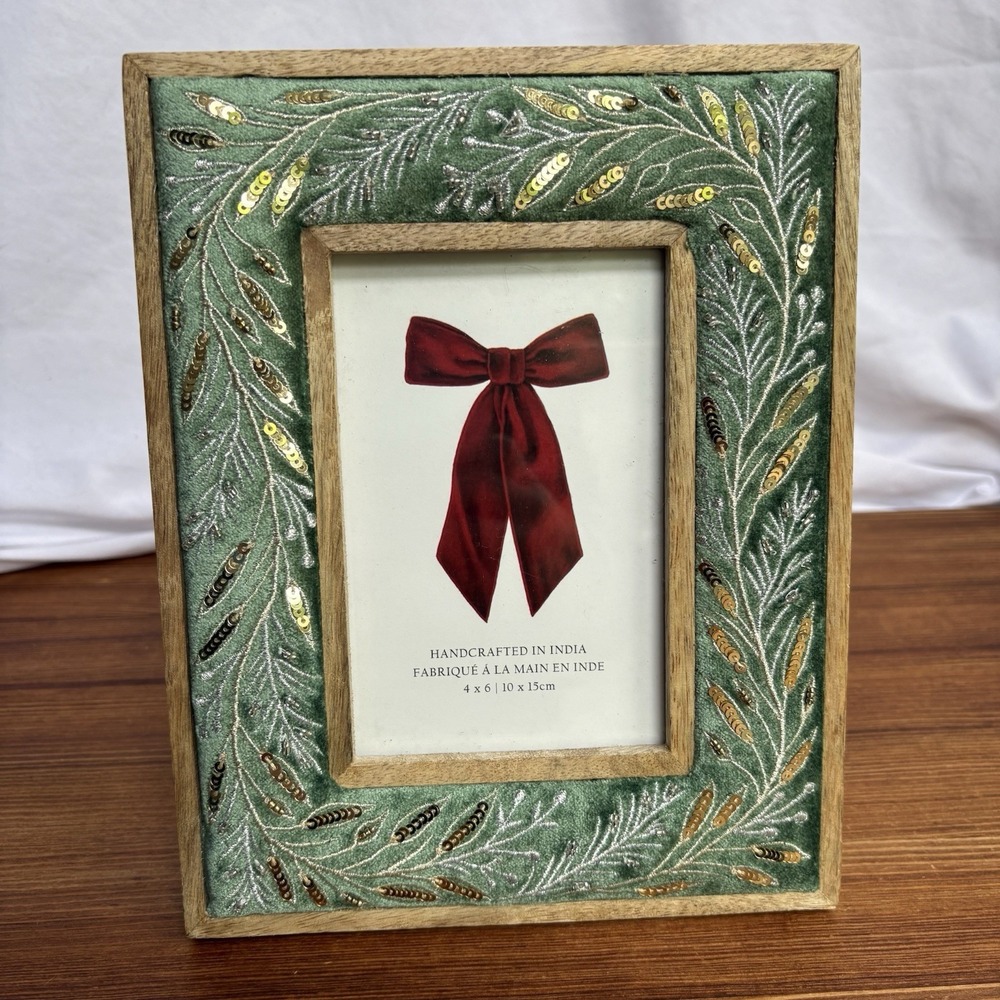 Handcrafted Beaded Fabric Sequin Green Gold Picture Frame 4x6